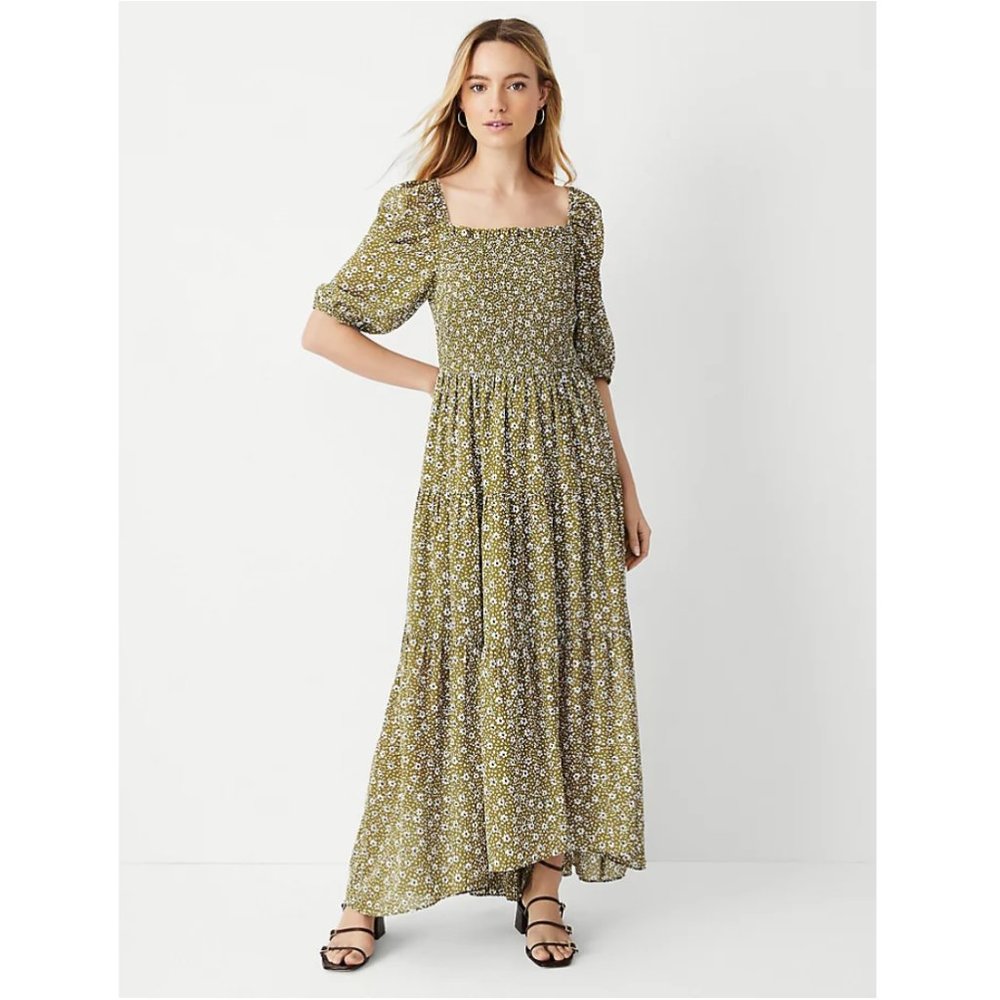 NWT Ann Taylor Floral Smocked Bodice Maxi Dress in Weathered Olive